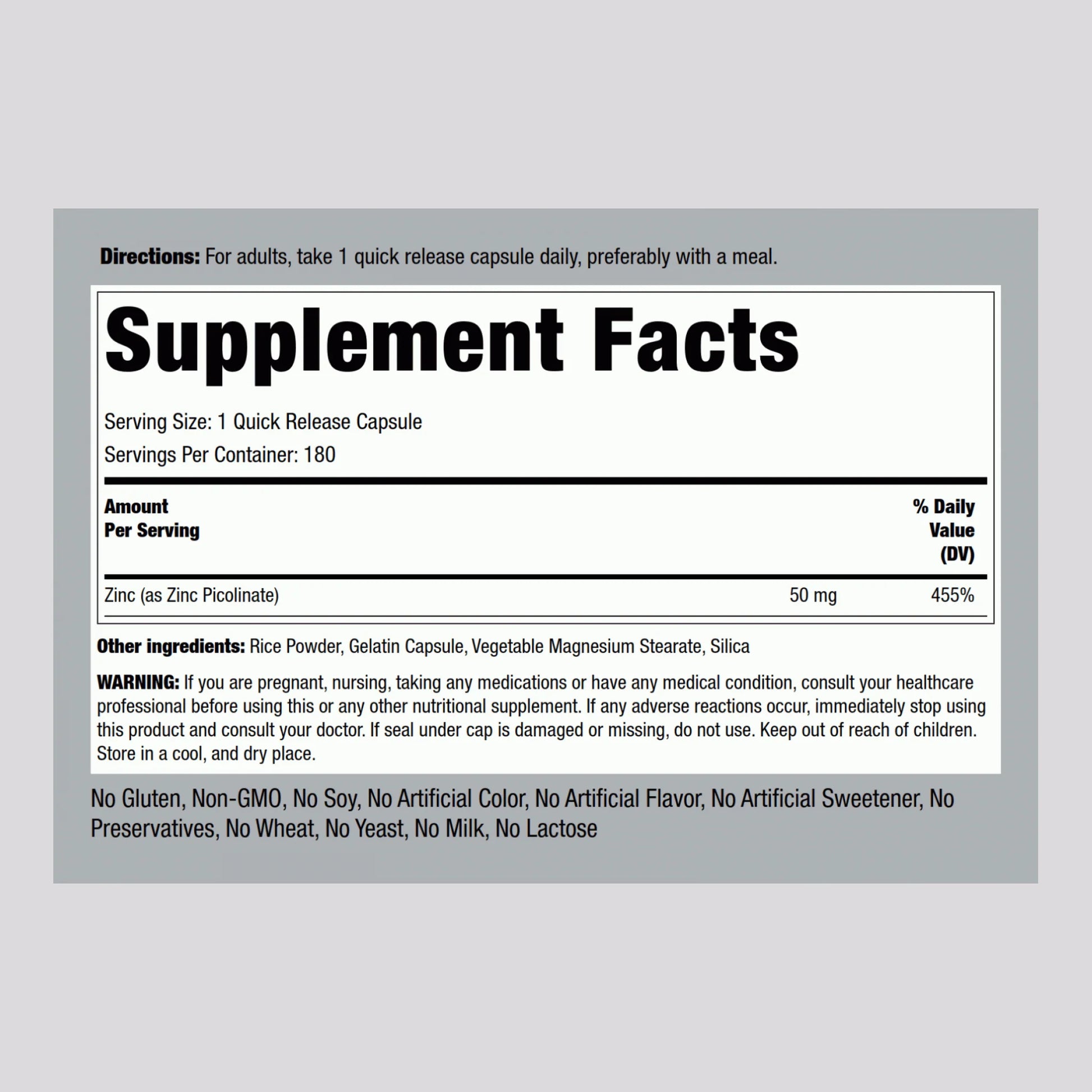 Zinc Picolinate (High Absorption Zinc), 50 Mg, 180 Quick Release Capsules