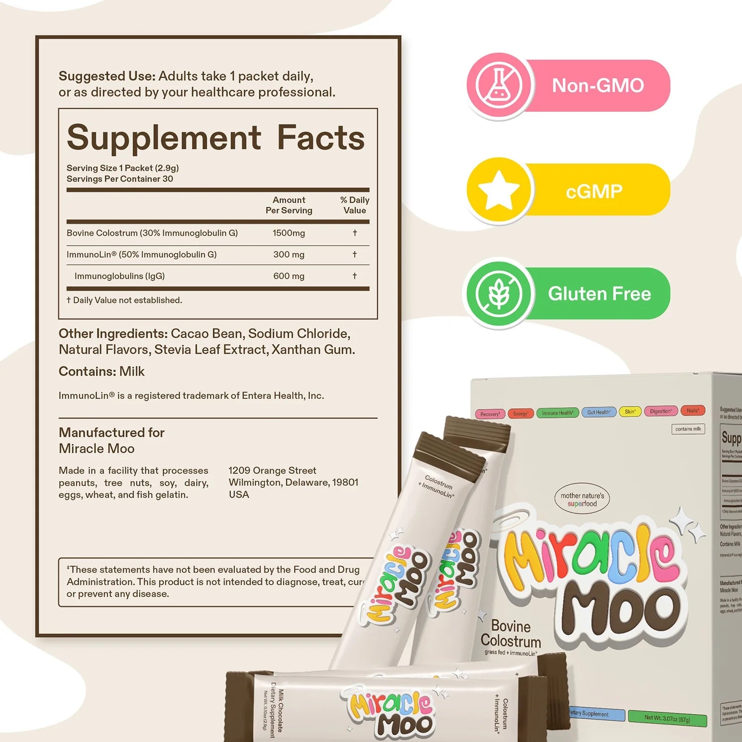 Milk Chocolate Bovine Colostrum Stick Packets, 30 Count