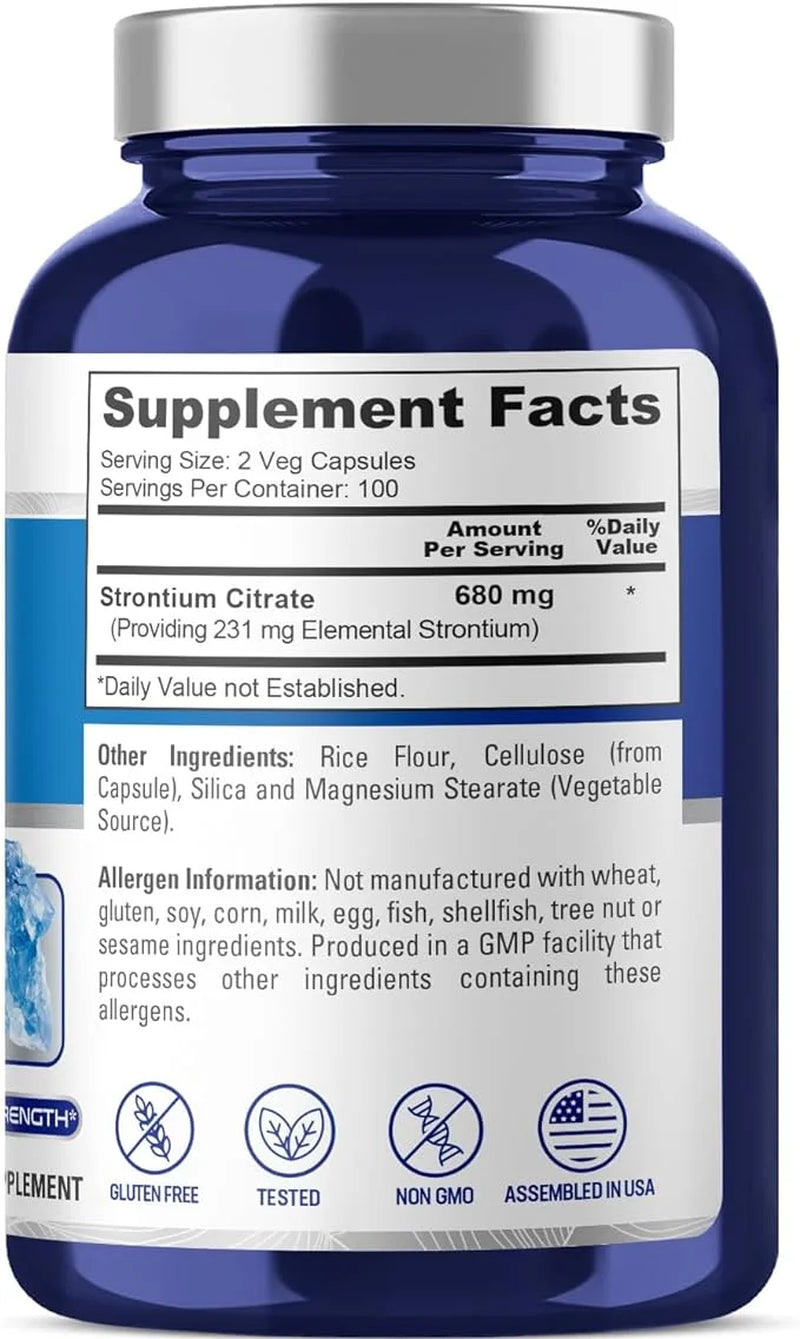 Strontium: 680 Mg, 200 Vegetarian Capsules (Non-Gmo & Gluten-Free) Dietary Supplement for Unisex Adult Health & Wellness
