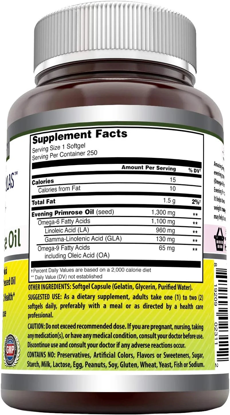 Amazing Formulas Evening Primrose Oil 1300Mg, 10% GLA, 250 Softgels Supplement | Hexane Free Cold Pressed Oil | Non-Gmo | Gluten Free