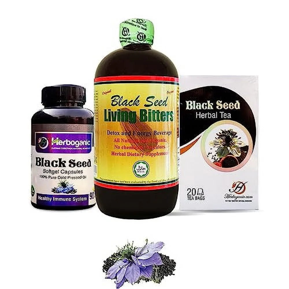 Black Seed Wellness Pack Featuring Black Seed Oil Capsules (60 Softgels), Black Seed Living Bitters 16 Oz and Black Seed Herbal Tea (20 Tea Bags) | Natural and Pure Ingredients