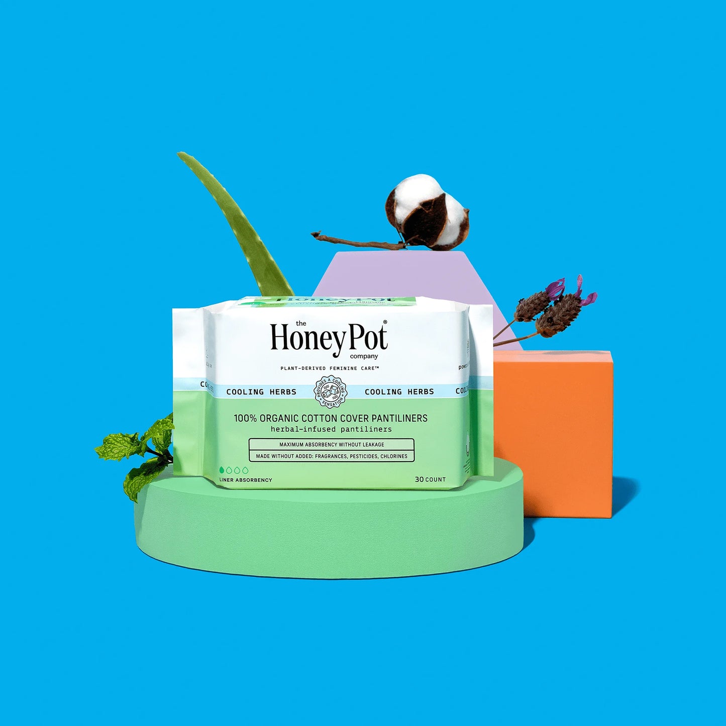 (3 Pack) Honey Pot 100% Organic Cotton Cover Cooling Herbal Infusion Regular Liners, 30 Count