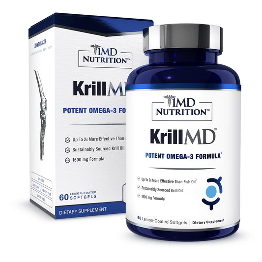 Krillmd - Antarctic Krill Oil Omega 3 Supplement with Astaxanthin, EPA, DHA | 2X More Effective than Fish Oil | 60 Lemon-Coated Softgels