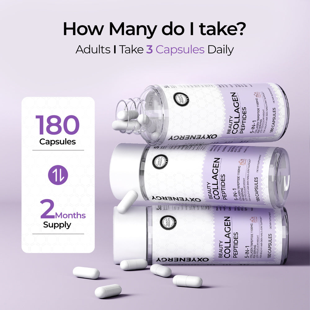 Oxyenergy Tri-Peptide Advanced Marine Collagen Capsules, 1100mg Per Serving, Rapid Absorption, 5-in-1 Formula For Skin,Hair&Nails,180 Capsules Bottle