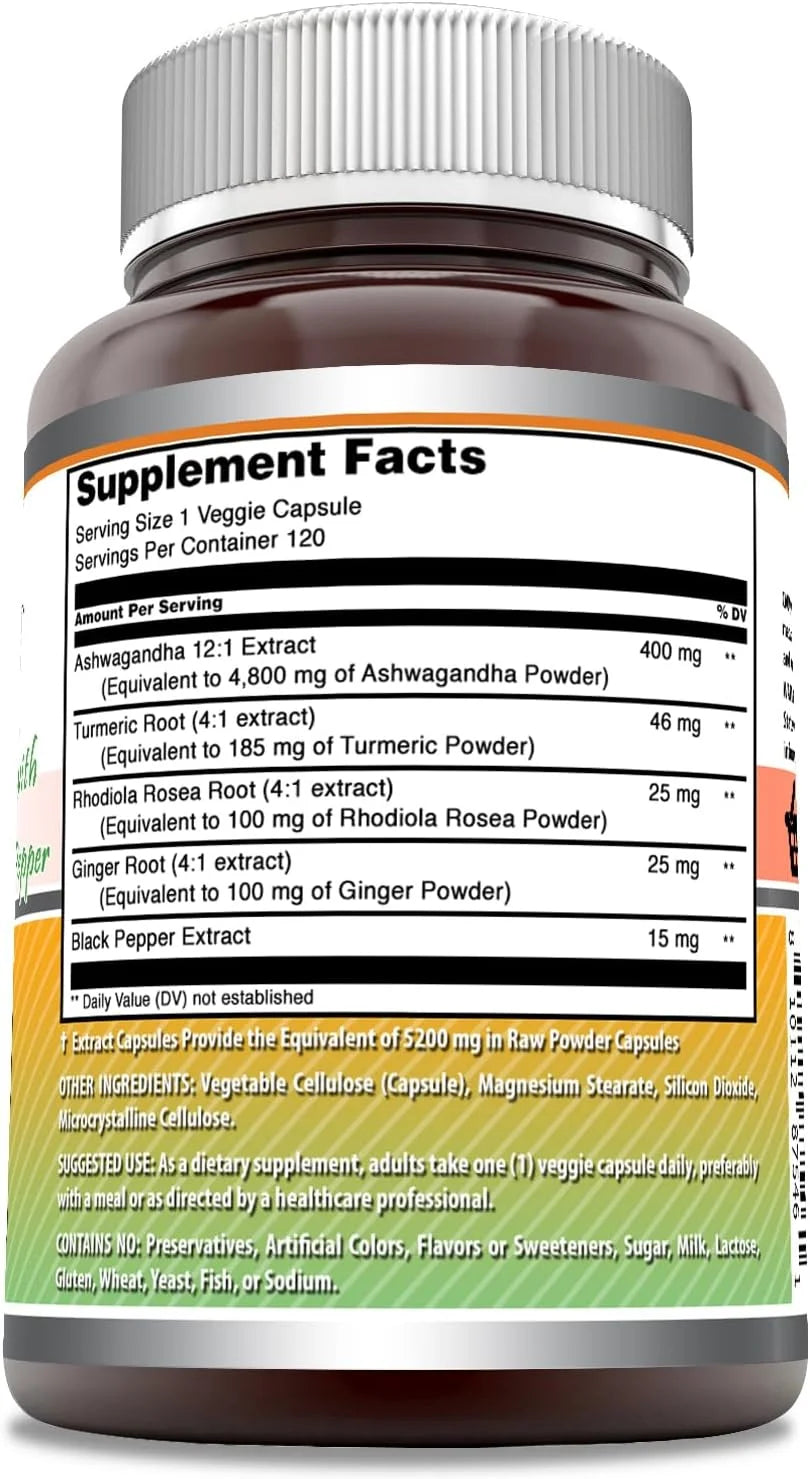 Ashwagandha with Turmeric, Ginger, Rhodiola & Black Pepper 5200 Mg per Serving | 120 Veggie Capsules Supplement | Non-Gmo | Gluten Free