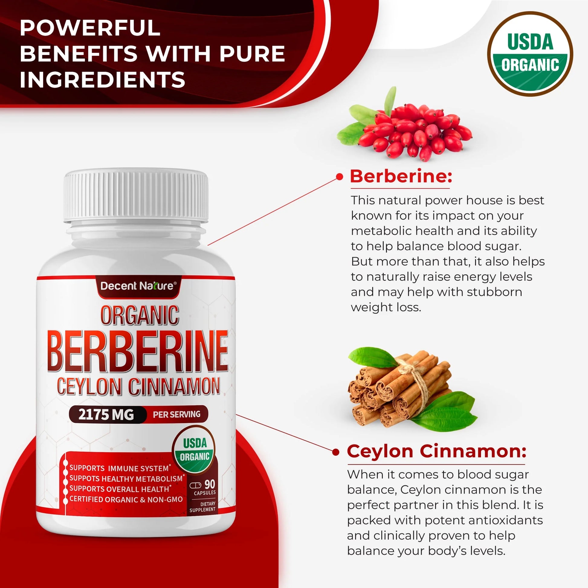 Organic Berberine with Ceylon Cinnamon 2175Mg Berberine Supplement 90 Capsules