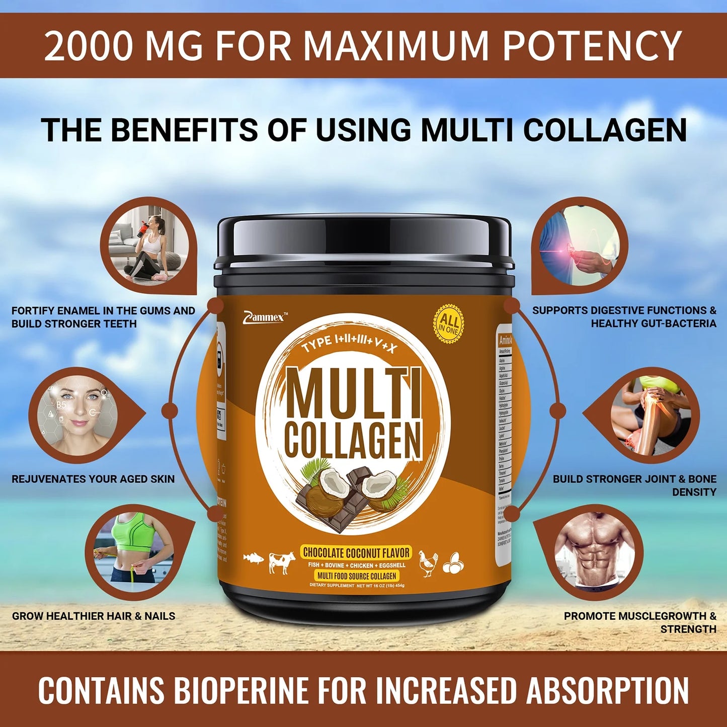 Multi Collagen Peptides Powder 16Oz, Hydrolyzed Collagen Protein Powder Collagen Types I,II,III,V,X, Chocolate &Coconut Flavor, 41 Servings