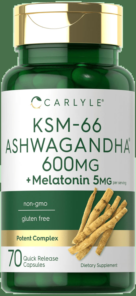 KSM-66 Ashwagandha Capsules 600Mg | 70 Count for Men and Women | with Melatonin 5Mg | by