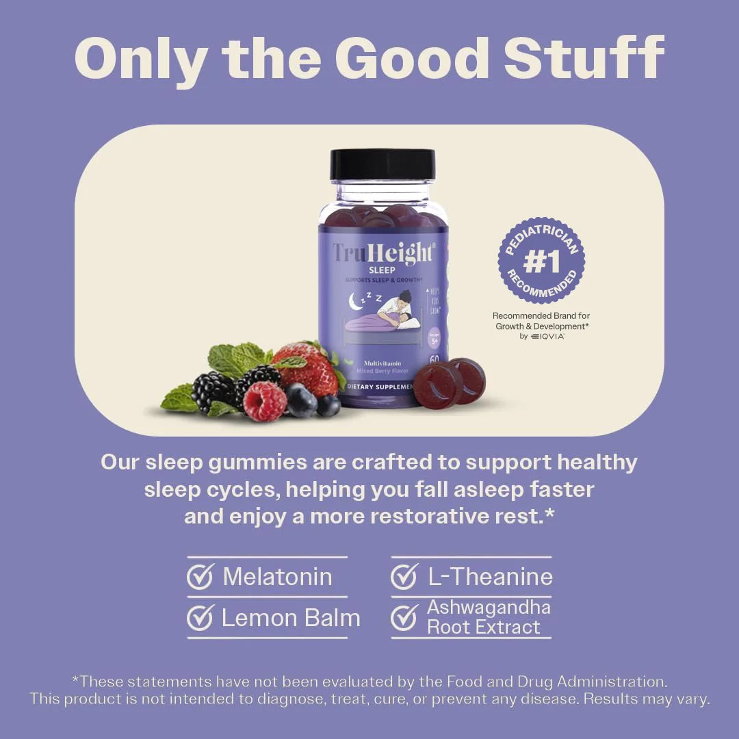 Sleep Gummies - Kids & Teen Natural Sleep Aid for Maximum Growth - Pediatric Recommended - Kids Melatonin Gummy - Melatonin, Ashwagandha, L Theanine, Lemon Balm, Ages 4+, Mixed Berry Flavor