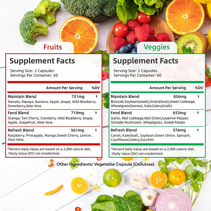 Fruits and Veggies Supplement - Energy Management, Immunity Enhancement, and Intestinal Health Promotion - 2 Bottles