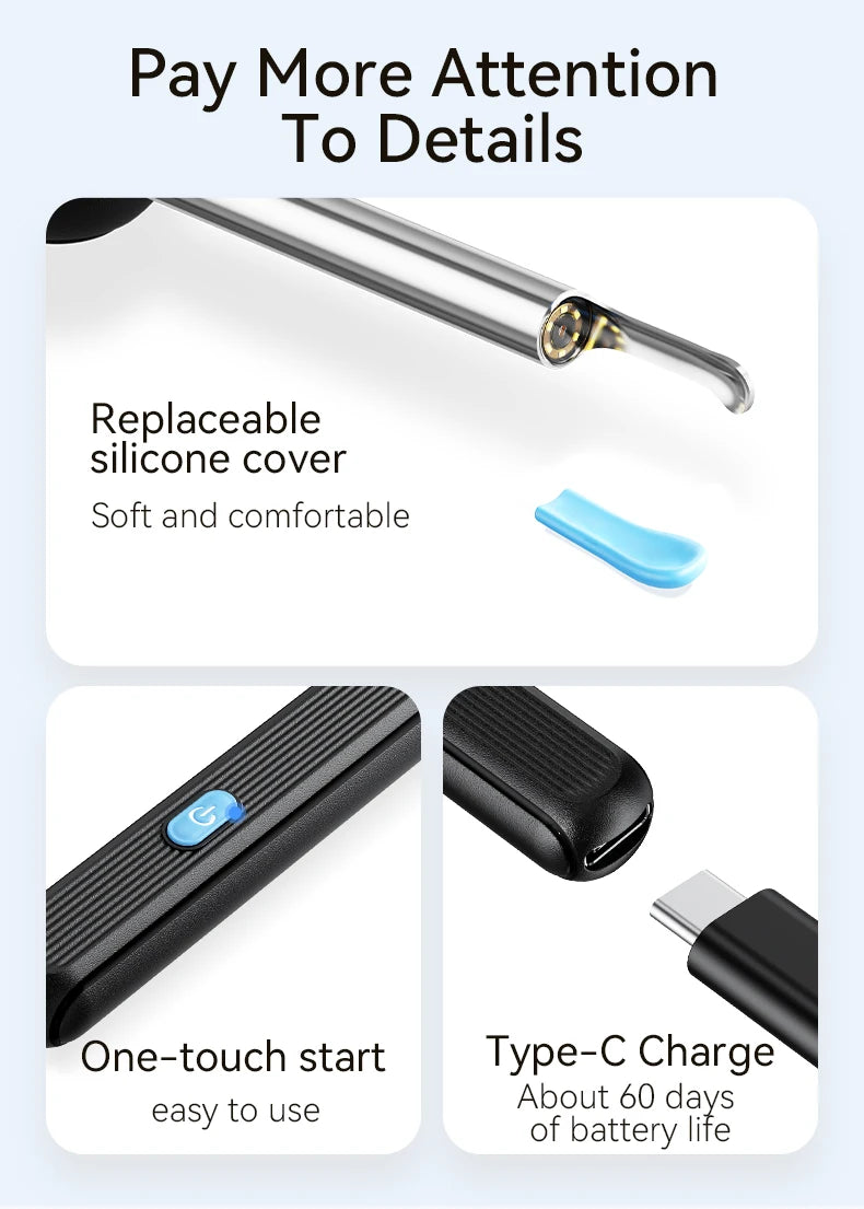 Visual Ear Cleaner with camera Set Ear Wax Removal Otoscope USB C Charging Endoscope Wax Removal Tool Earpick Mini Camera Clean