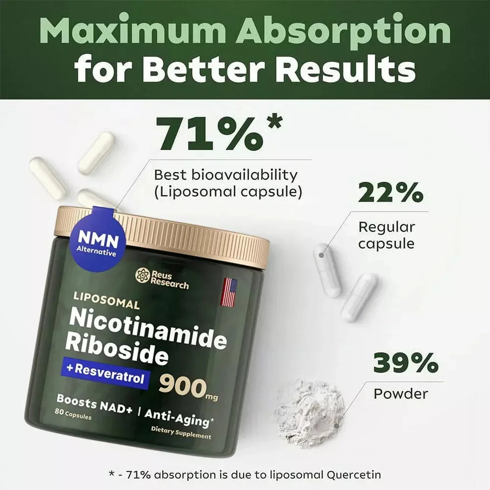 NAD+ Booster 900mg Anti-Aging Supplement with Nicotinamide Riboside Resveratrol Free Shipping