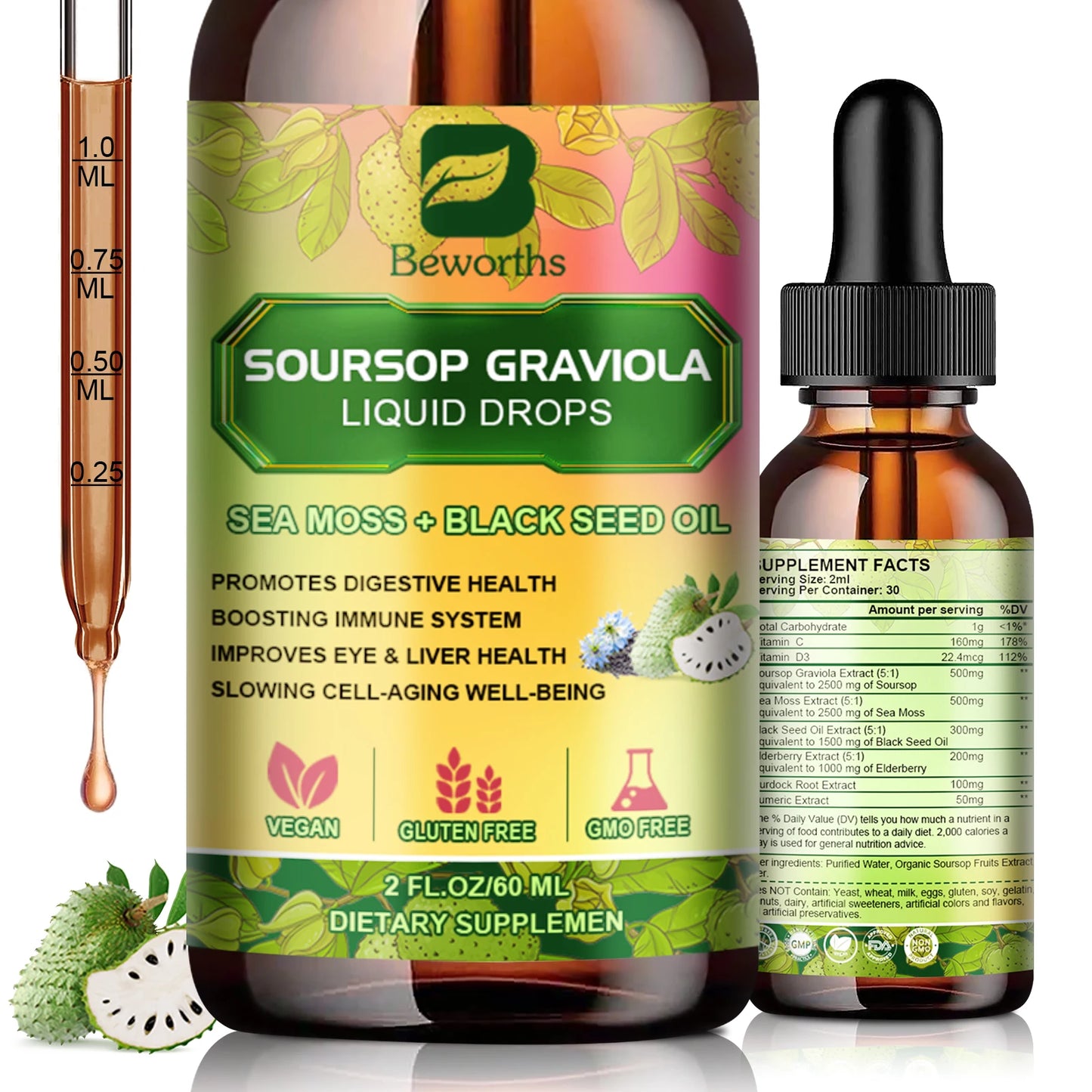 BEWORTHS 60ML Soursop Graviola Extract Drops Black Seed Oil Support Immunity and Kidney Health,Detox,Antioxidation Gluten-Free