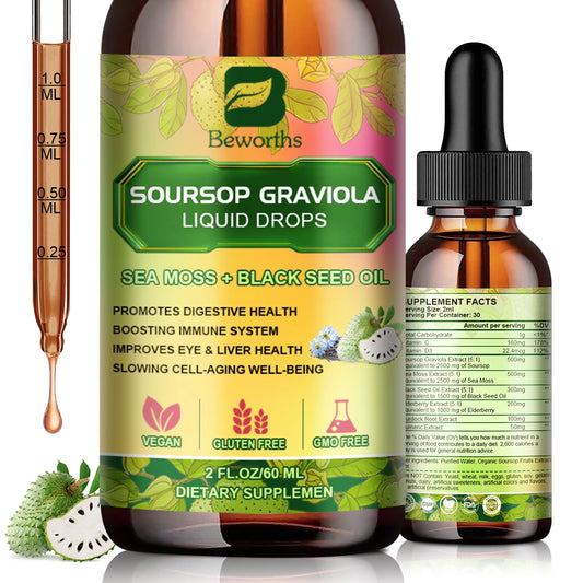 BEWORTHS 60ML Soursop Graviola Extract Drops Black Seed Oil Support Immunity and Kidney Health,Detox,Antioxidation Gluten-Free
