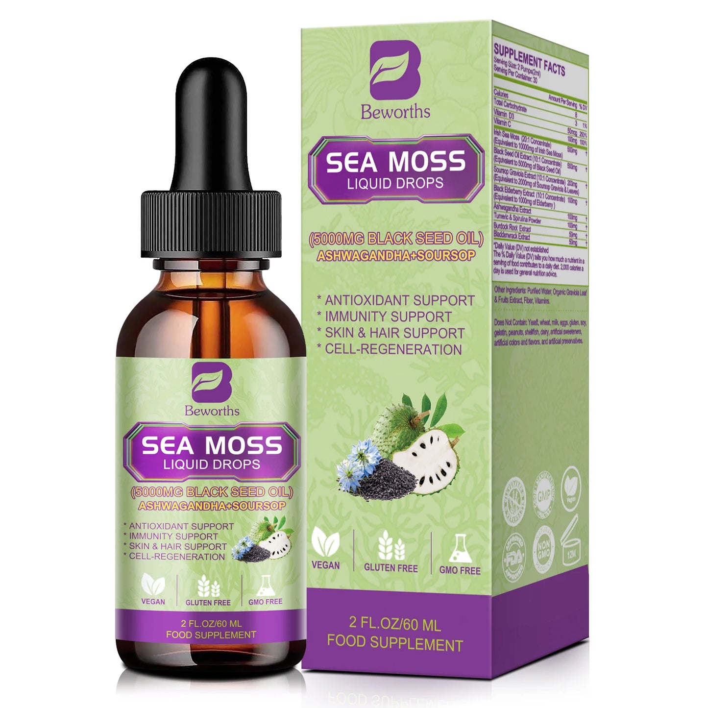 BEWORTHS Sea MOSS& Soursop Graviola Extract Drops Support Immunity and Kidney Health, Promote Digestion and Antioxidation