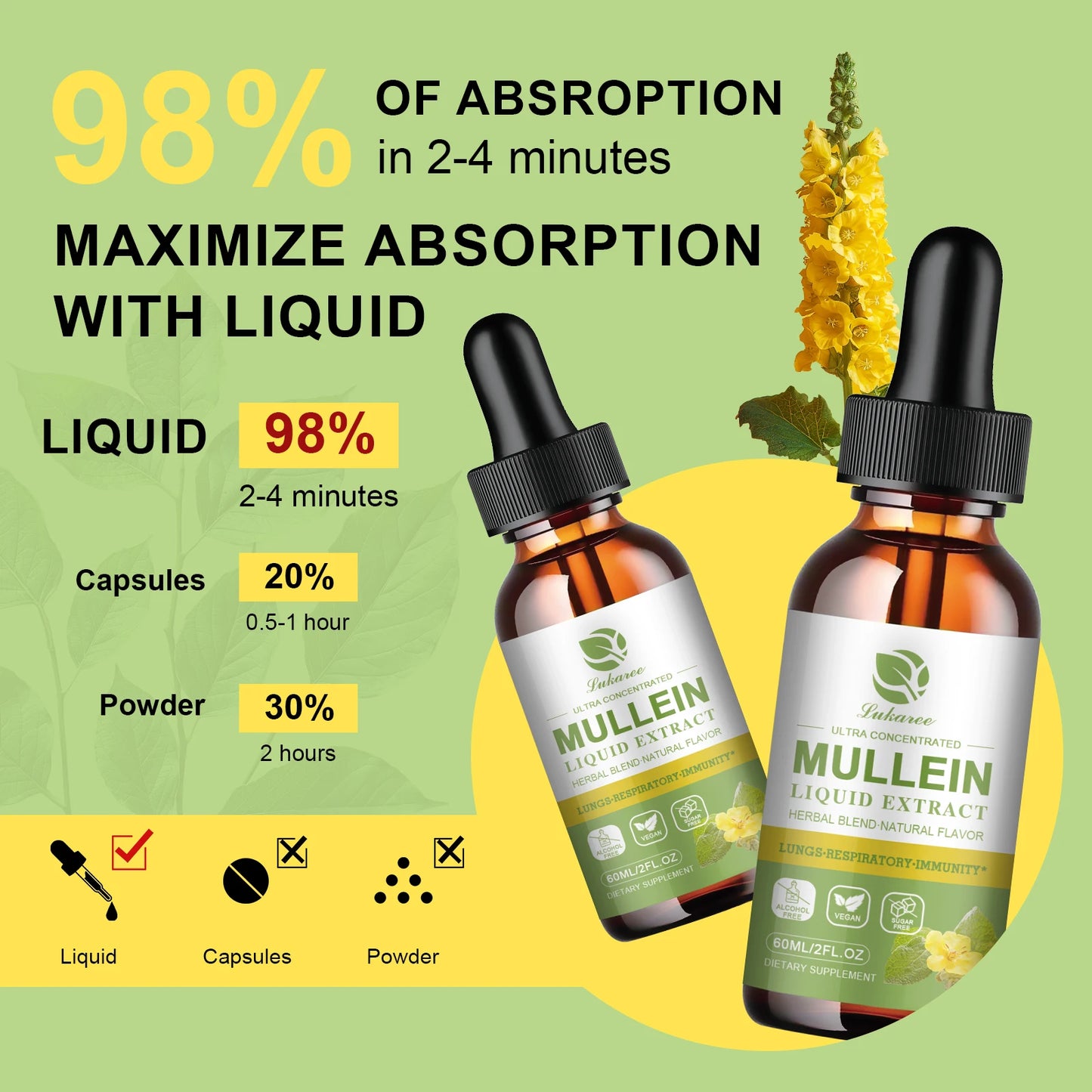 BBEEAAUU 1000mg Mullein Leaf Extract Drops for Lung Health Relaxed Breathing Support Immune and Digestive System Health