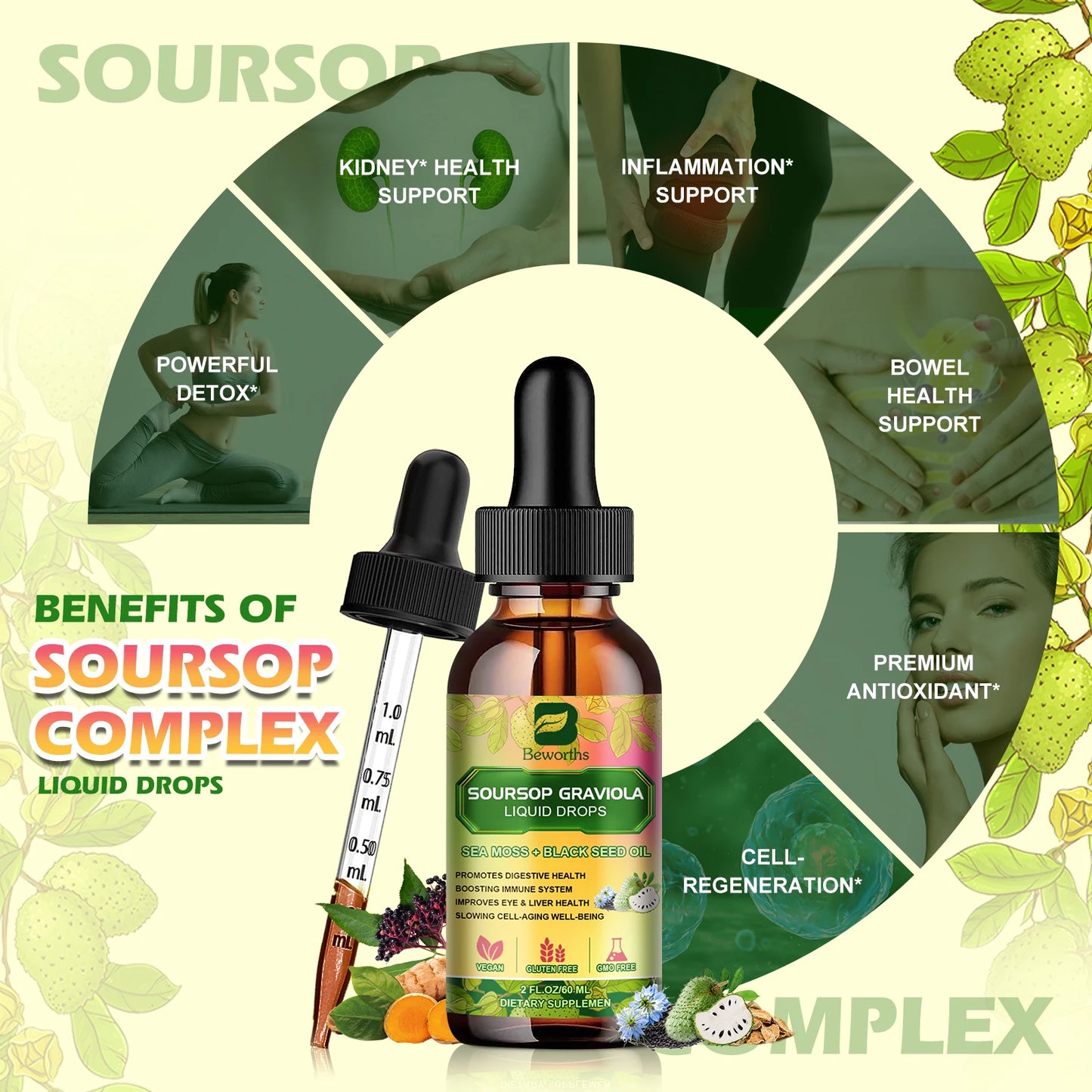 BEWORTHS 60ML Soursop Graviola Extract Drops Black Seed Oil Support Immunity and Kidney Health,Detox,Antioxidation Gluten-Free