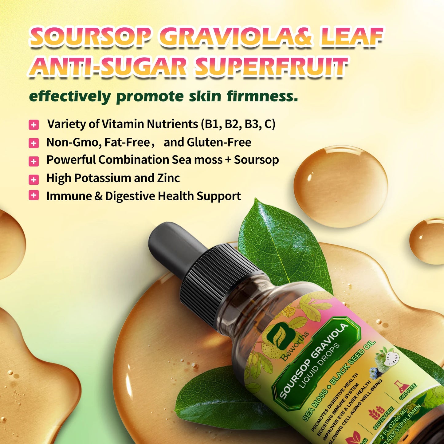 BEWORTHS 60ML Soursop Graviola Extract Drops Black Seed Oil Support Immunity and Kidney Health,Detox,Antioxidation Gluten-Free