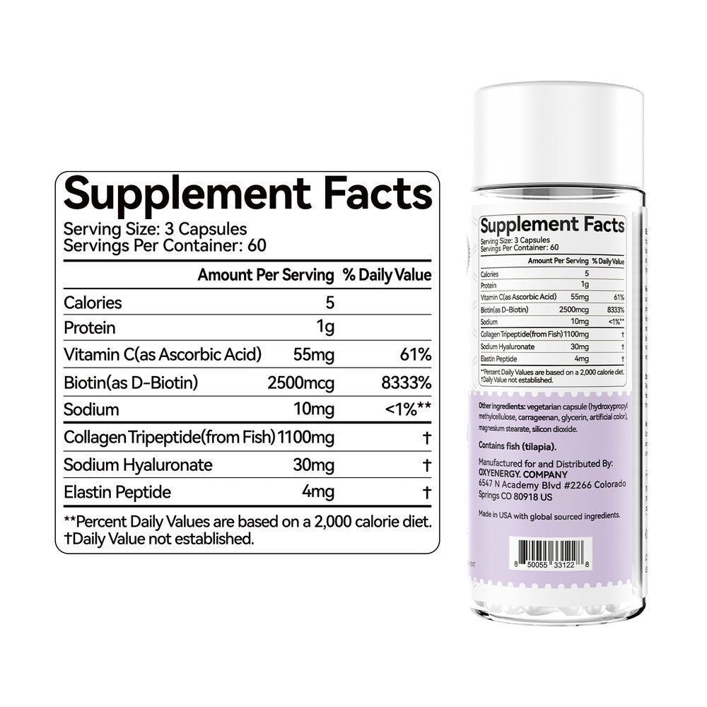 Oxyenergy Tri-Peptide Advanced Marine Collagen Capsules, 1100mg Per Serving, Rapid Absorption, 5-in-1 Formula For Skin,Hair&Nails,180 Capsules Bottle
