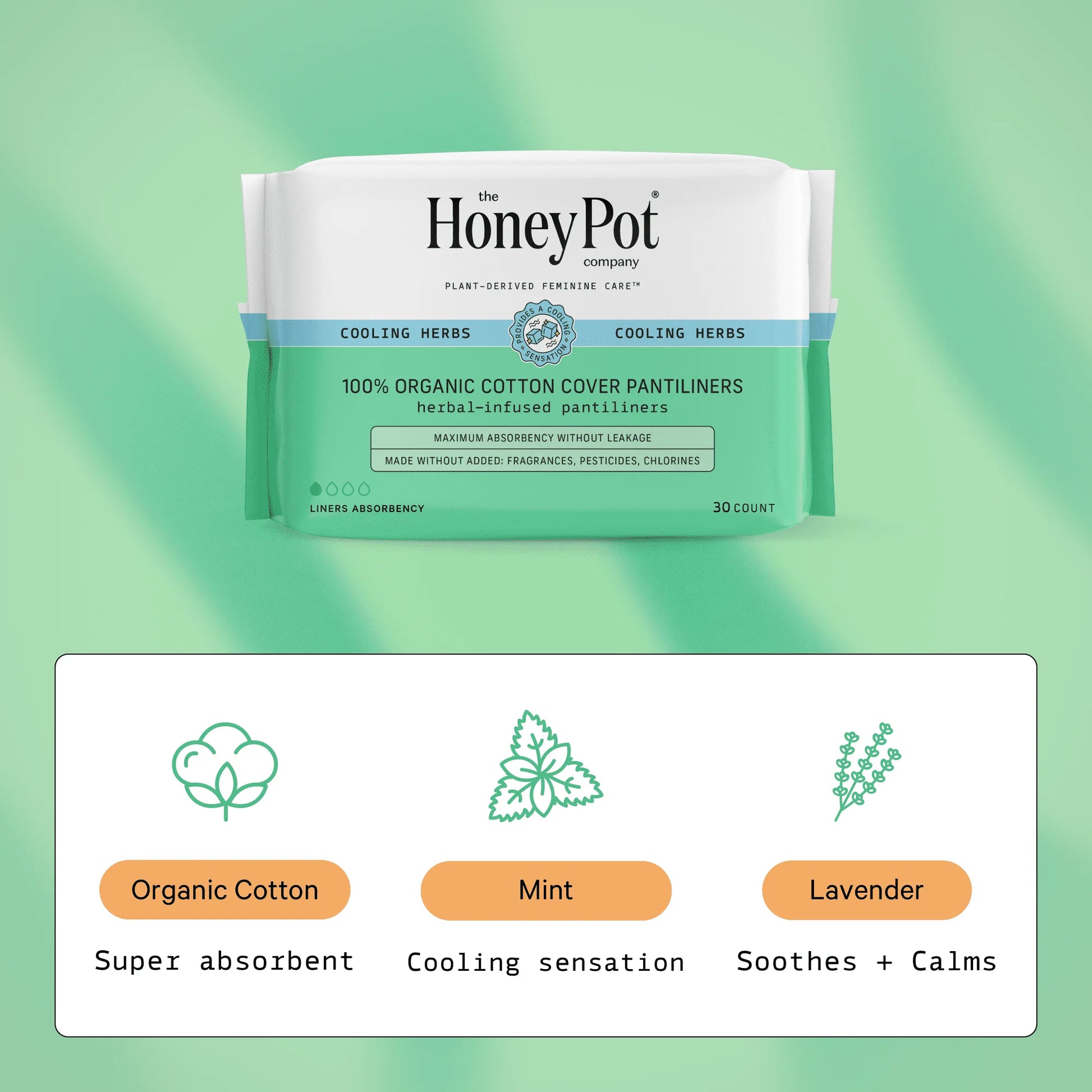 (3 Pack) Honey Pot 100% Organic Cotton Cover Cooling Herbal Infusion Regular Liners, 30 Count