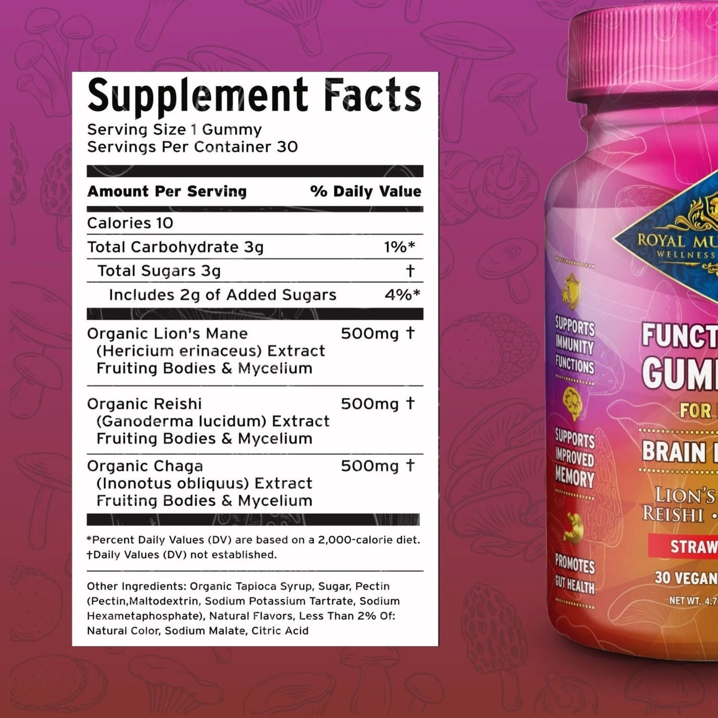 Brain Health Mushroom Mix Gummies for Kids Strawberry Flavor 60 Ct