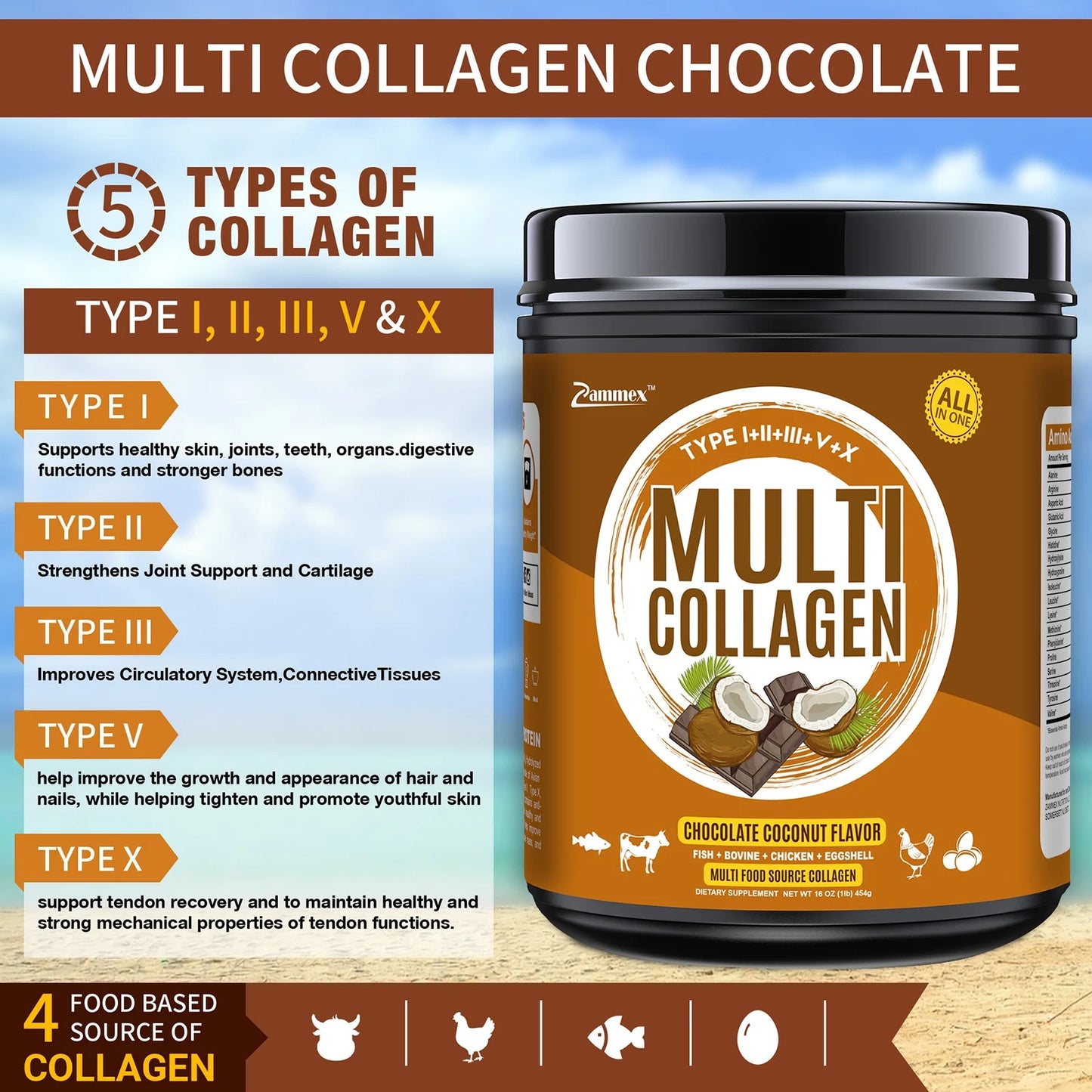 Multi Collagen Peptides Powder 16Oz, Hydrolyzed Collagen Protein Powder Collagen Types I,II,III,V,X, Chocolate &Coconut Flavor, 41 Servings