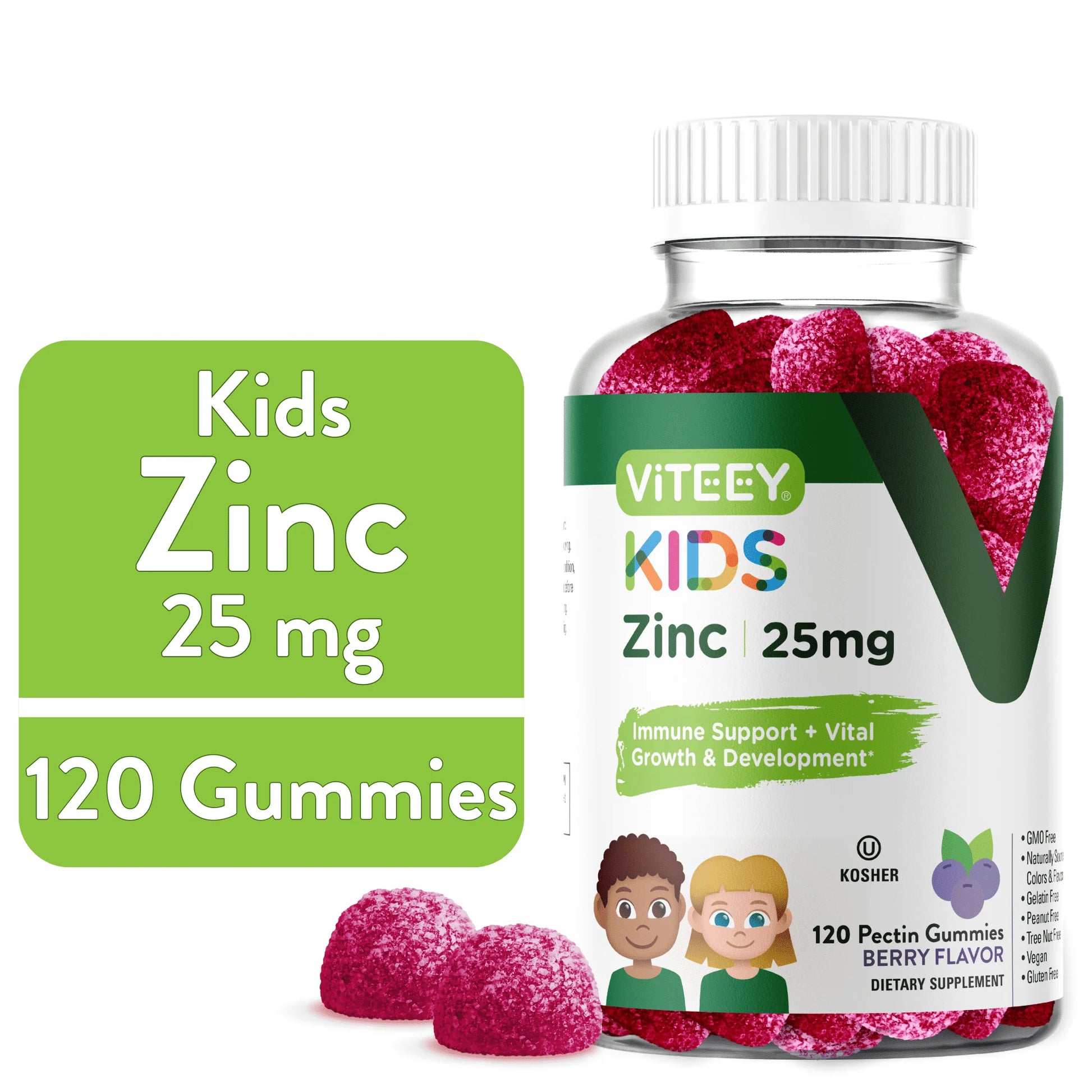 Kids Zinc Gummies 25Mg, Kids Immune Support, Berry Flavor, 120 Count
