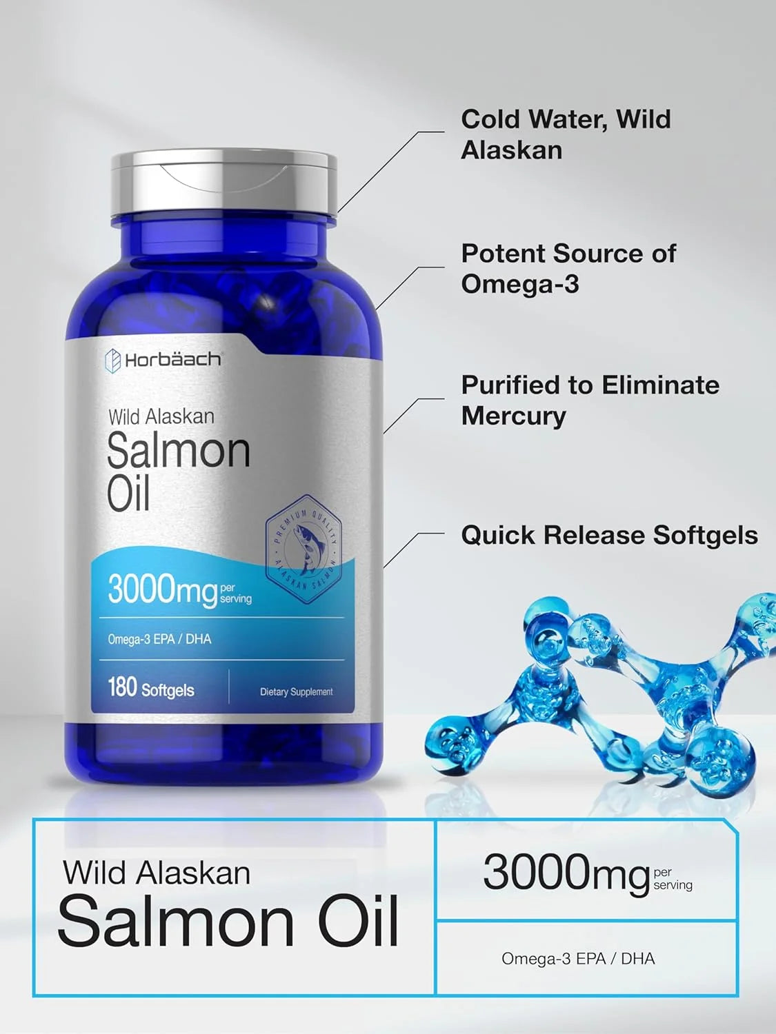 Salmon Oil | 3000Mg | 180 Softgels for Men and Women | Wild Alaskan Fish Oil | by
