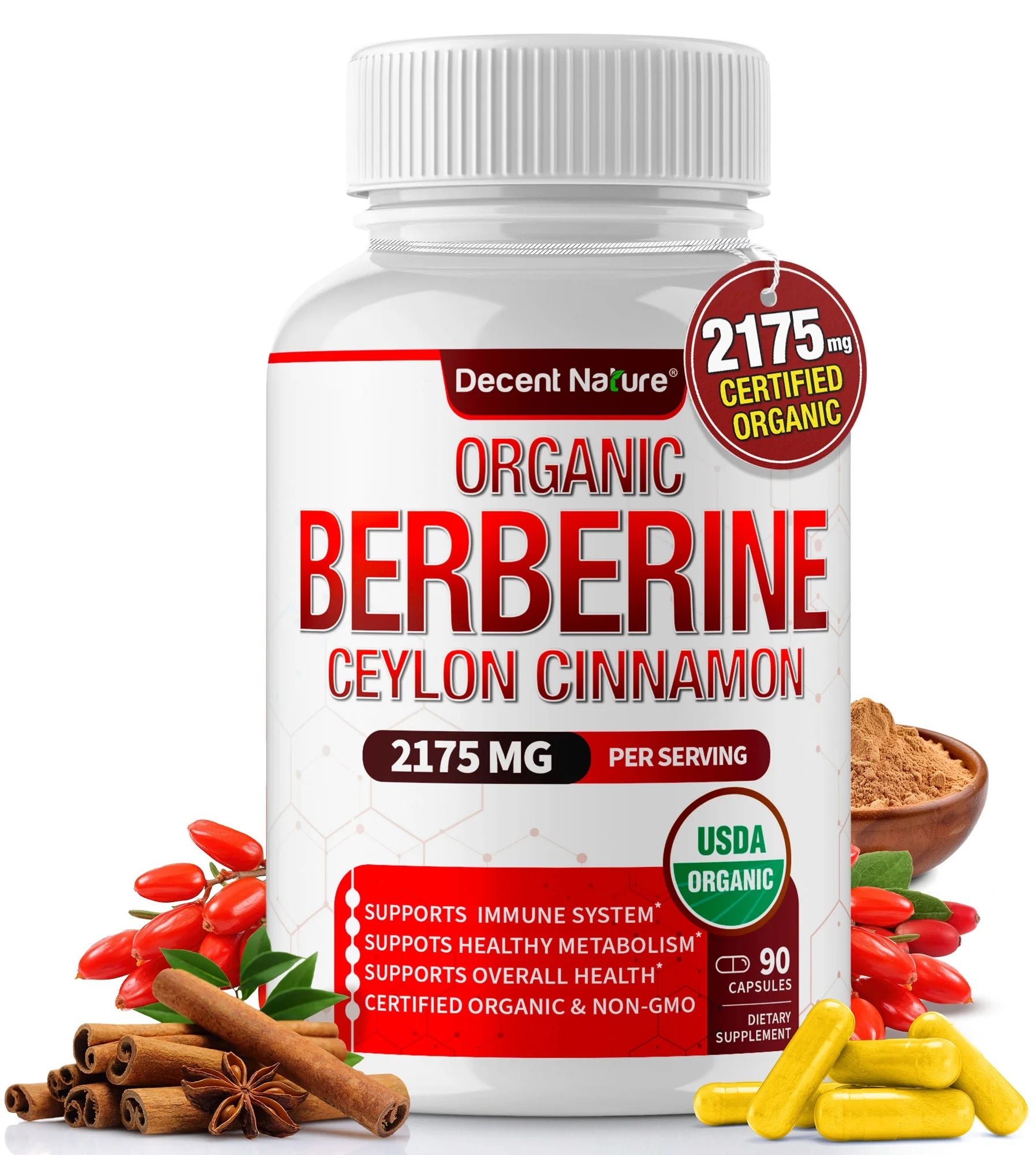 Organic Berberine with Ceylon Cinnamon 2175Mg Berberine Supplement 90 Capsules