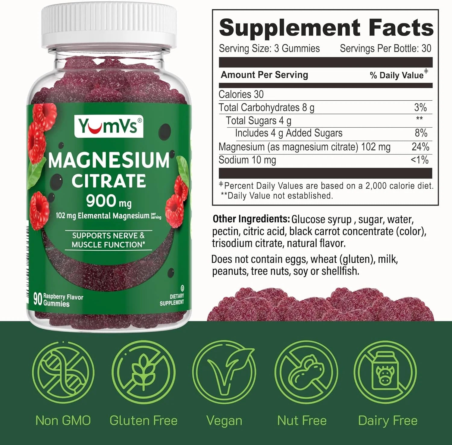 Yum-V'S Magnesium Citrate Gummies Vegetarian Magnesium Supplement, 90 Count