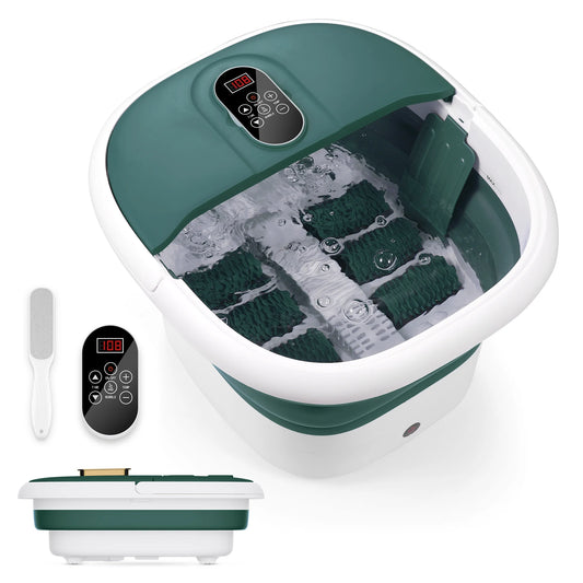 Foot Spa Bath Massager with Heat, Collapsible with Remote Control, 6 Large Massage Rollers Digital Display-Green
